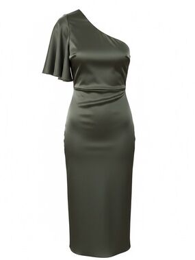 One-Shoulder Olive Green Midi Dress